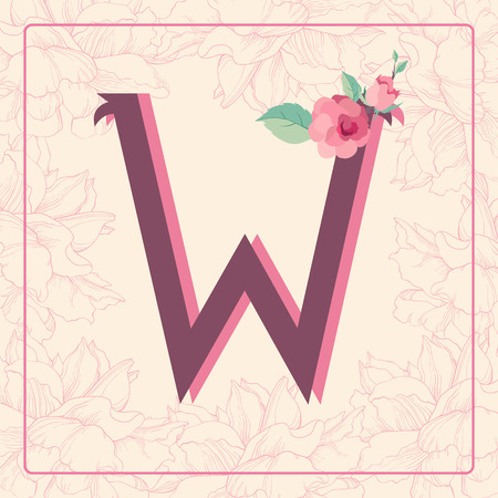 Vintage style  letter W with rose flowers in floral frame.のイラスト素材