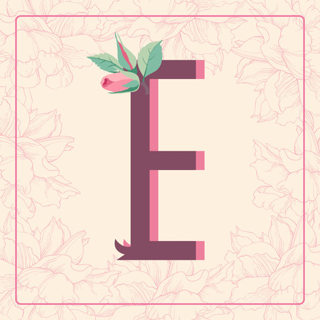 Vintage style  letter E with rose flowers in floral frame.のイラスト素材