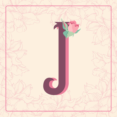 Vintage style  letter J with rose flowers in floral frame.のイラスト素材