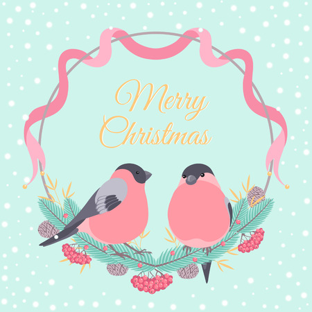 Christmas greeting card with birds in a wreathのイラスト素材