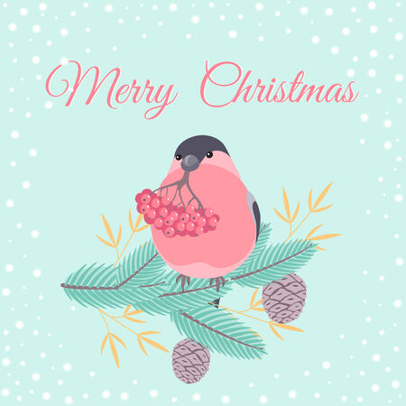 Christmas greeting card with bullfinch bird sitting on a fir branchのイラスト素材