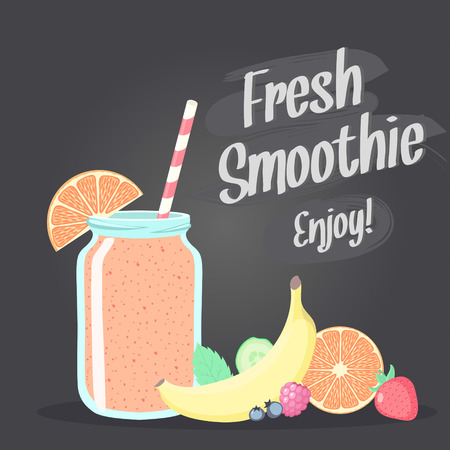 Smoothie in jar and fruits vector illustration. Chalkboard background.のイラスト素材