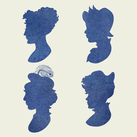 Set of watercolor woman profile portrait silhouettes. Vintage vector illustrationのイラスト素材