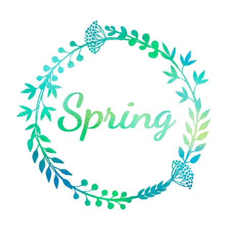 Wreath made of fresh green and blue plants. Spring background. Vector watercolor.のイラスト素材