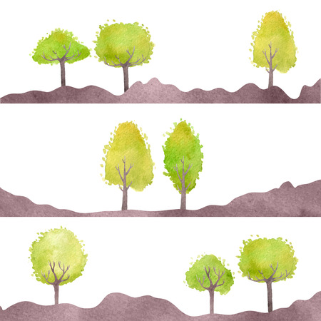 Set of landscapes with green trees. Vector watercolor. Isolated design objects.のイラスト素材