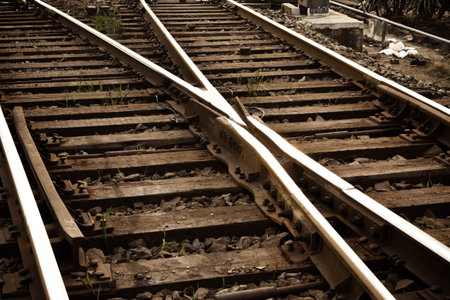 Railway in fog on station, outdoor landscapeの写真素材