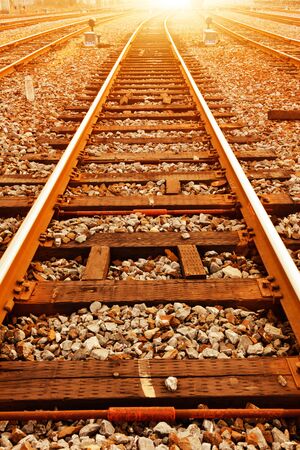 Railway in fog on station, outdoor landscapeの写真素材