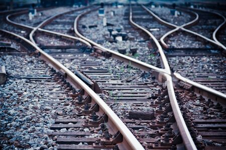 Railway in fog on station, outdoor landscapeの写真素材