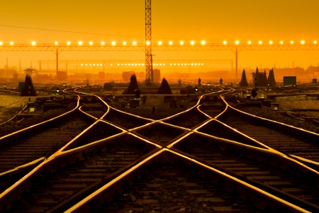 Cargo train platform at sunset with containerの写真素材
