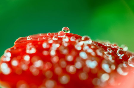 Water droplets in the red petals.の写真素材