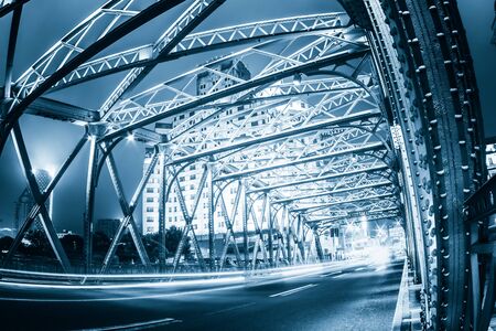 Night traffic lights inside of the  Waibaidu Bridge of shanghai china.のeditorial素材