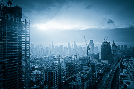 night shanghai skyline with reflection, beautiful modern cityのeditorial素材