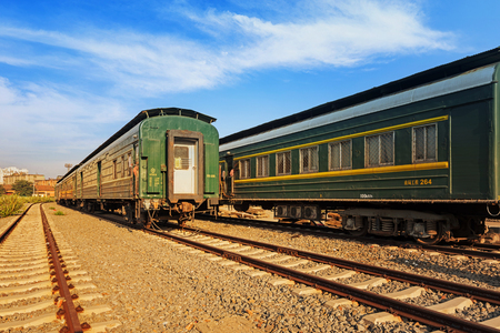 Cargo train platform at sunset with containerのeditorial素材