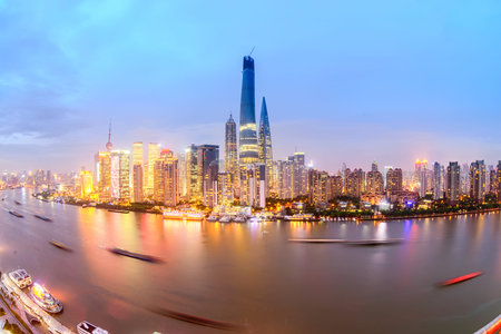 night shanghai skyline with reflection, modern cityの写真素材