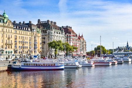 Stockholm, Sweden, Beautiful architecture and boat of Stockholm.のeditorial素材