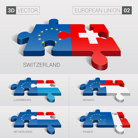 European Union and Switzerland, Luxembourg, Monaco, Netherlands, France Flag. 3d vector puzzle. Set 02.のイラスト素材