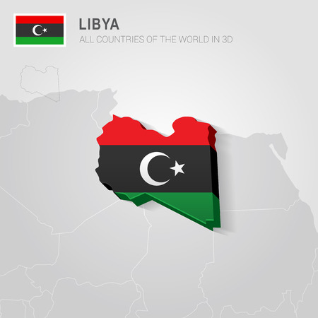 Libya painted with flag drawn on a gray map.のイラスト素材