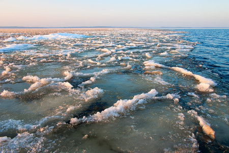 Slushy ice in spring on Ladoga Lake, Russia. 