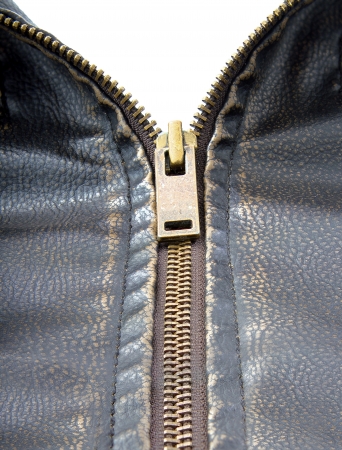 Zipper on brown leather motorcycle jacket の写真素材