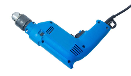 Blue electric drill, no bit inserted  isolated on white