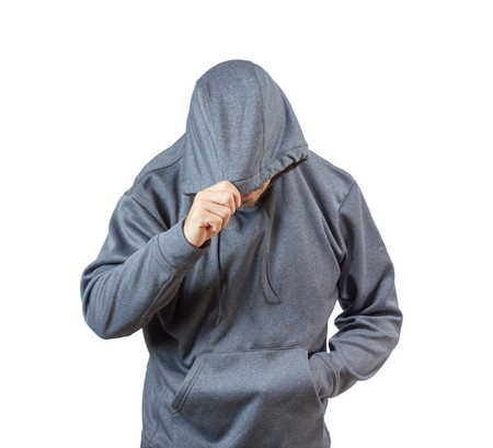 Adult caucasian man in hooded sweatshirt isolated on white background.の写真素材