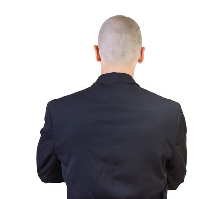 Back of man in a suit with shaved off hairs isolated on white.の写真素材