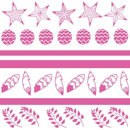 Vector bohemian christmas pink stars, feathers, balls and branches, stripes, white background seamless repeat pattern.のイラスト素材