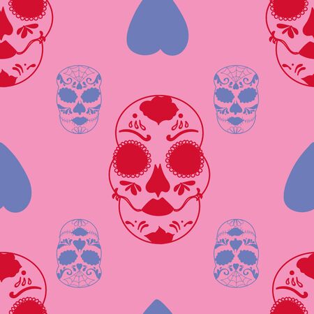 Vector glamourous Halloween with red and purple skull and pink background seamless repeat pattern. Perfect for fabric, scrapbooking, wallpaper projects.のイラスト素材