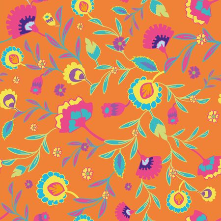 Vector psychedelic folk seamless pattern with colorful ethnic flowers and leaves, blue pink yellow turquoise and orange backgroundのイラスト素材