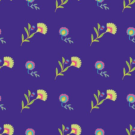 Vector psychedelic folk seamless pattern with colorful ethnic flowers and leaves, purple, green, pink and blue backgroundのイラスト素材