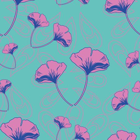 Vector seamless pattern ginko wax with pink and purple ginkgo leaves with pink arabesquesのイラスト素材