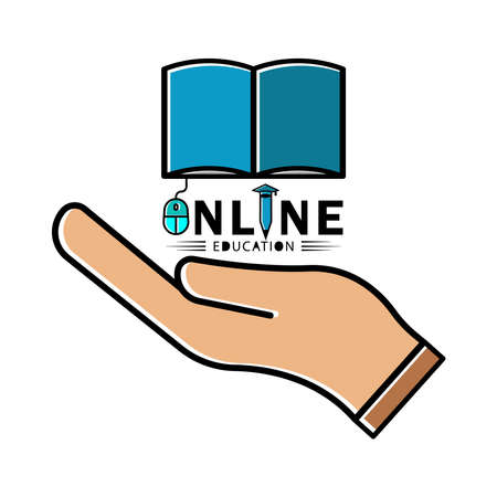 Online education flat symbol, hand icon, book icon, mouse icon, pencil icon and writ. education logo icon graphic. Design template vectorのイラスト素材