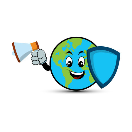 Earth character cartoon with megaphone and shield. Design template vectorのイラスト素材