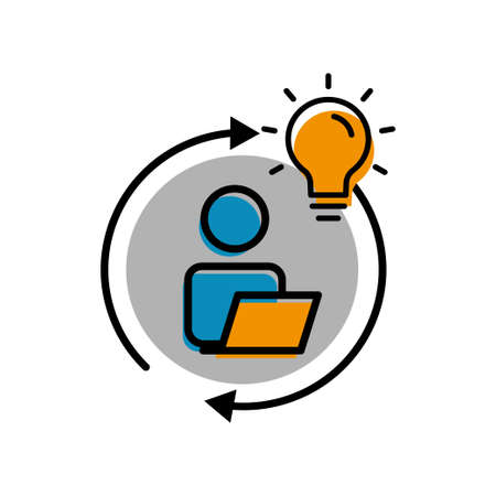 people and laptop lineal color icon with light bulb. business idea. simple illustration mobile concept app line icon and web design. Editable stroke. Design template vectorのイラスト素材
