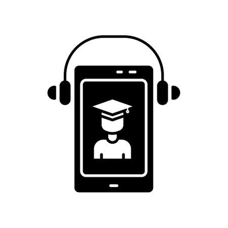 Online education icon vector. Virtual learning, student, Mobile phone headset. Solid icon style, glyph. Simple design illustration editableのイラスト素材