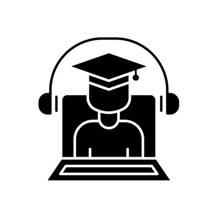 Online education icon vector. Virtual education, students, laptops, headsets. Solid icon style, glyph. Simple design illustration editableのイラスト素材