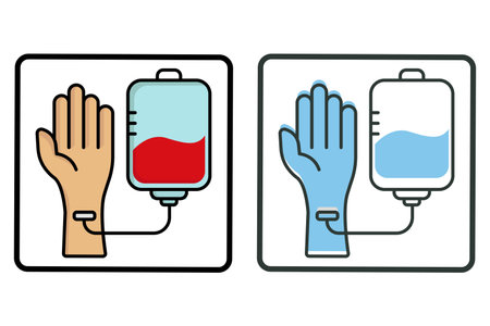 Blood transfusion icon illustration. hand with blood bag. Icon related to charity. Two tone icon style, flat line. Simple vector design editableのイラスト素材