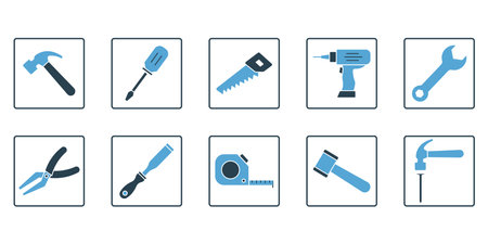 Carpentry set icon. Icon related to handyman tools. Contains icons hammer, screwdriver, saw, drill, etc. Solid icon style. Simple vector design editableのイラスト素材