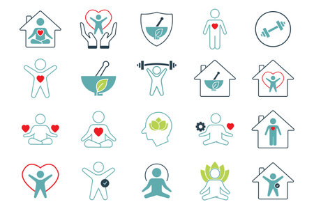 Wellness icon set. Yoga, fitness, spirit meditation, mental relaxation, stress management, self-care, and more. Duo tone colored style design. Simple vector design editableのイラスト素材