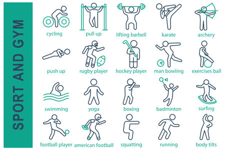 sport icons. sport and gym set icon. swimming, yoga, boxing, badminton, football player, rugby player, hockey player, and more. line icon style. sport element vector illustrationのイラスト素材