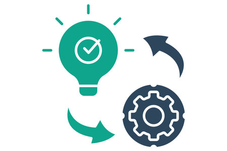 implementation icon. light bulb with gear and arrow. icon related to action plan, business. solid icon style. business element illustrationのイラスト素材