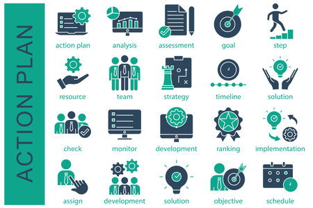 Action plan icon set. containing action plan, analysis, assessment, goal, step, resource, and more. solid icon collection. business element vector illustrationのイラスト素材