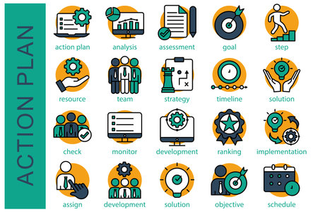 Action plan icon set. containing action plan, analysis, assessment, goal, step, resource, and more. flat line icon collection. business element vector illustrationのイラスト素材