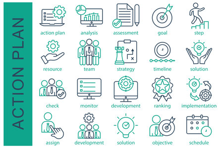 Action plan icon set. containing action plan, analysis, assessment, goal, step, resource, and more. line icon collection. business element vector illustrationのイラスト素材