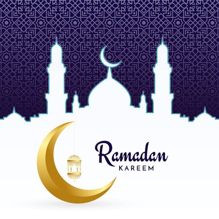 Elegant Islamic Ramadan Kareem Pattern Background With Golden Moon and Lanternのイラスト素材