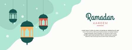 Ramadan Kareem Flat Banner Design With Islamic Lanternのイラスト素材