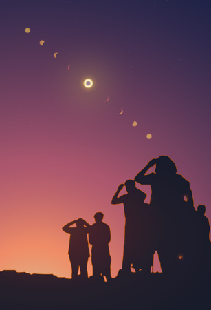 People are watching a solar eclipse in the sky with stars. Horizontal realistic vector illustration.のイラスト素材