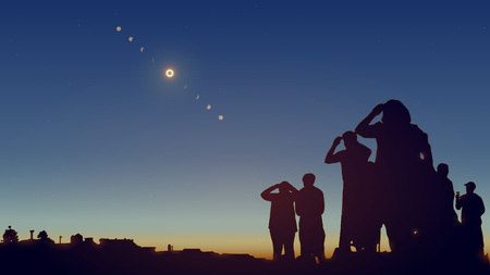 People are watching a solar eclipse in the sky with stars. Realistic vector illustration.のイラスト素材