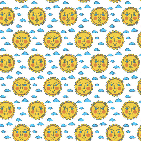 Sun with face on background of clouds. Pattern line flat vector illustration. Childrens doodle textile style.のイラスト素材