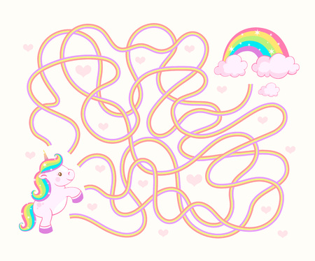 Help unicorn cub find path to rainbow. Labyrinth. Maze game for kidsのイラスト素材